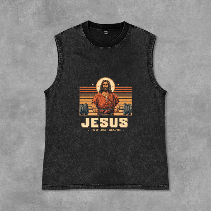 Christianartworkshop Camiseta sin mangas unisex lavada con declaración de fe de Jesus Deadlifter - Negro - 2XL - image 3