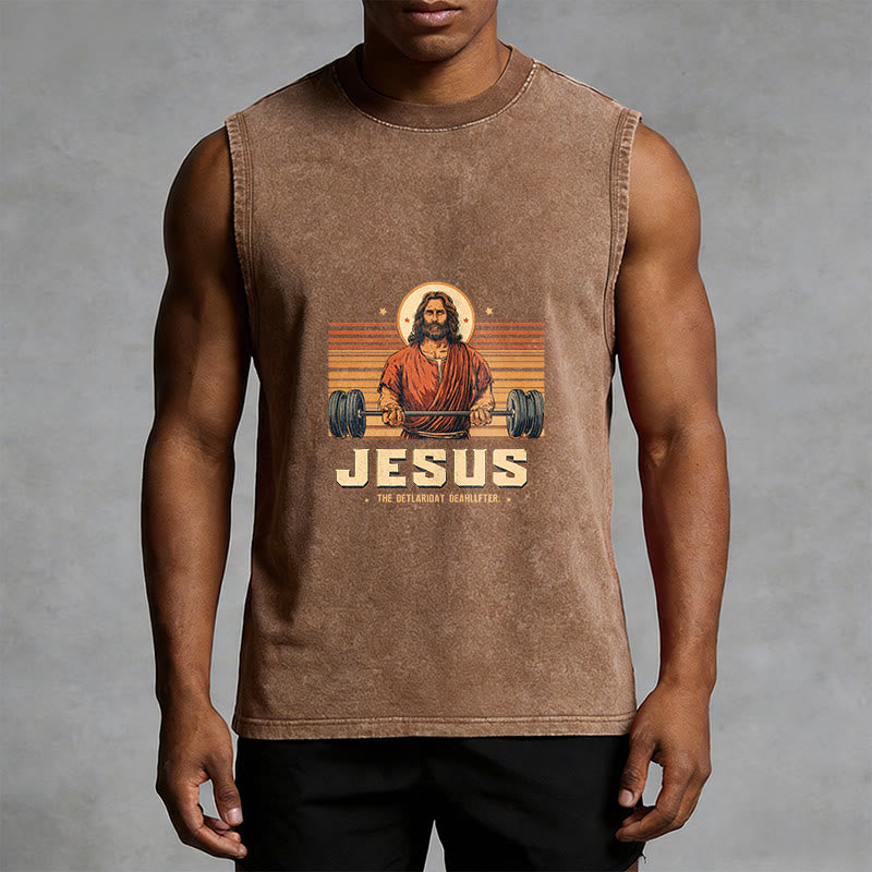 Christianartworkshop Camiseta sin mangas unisex lavada con declaración de fe de Jesus Deadlifter - image 1