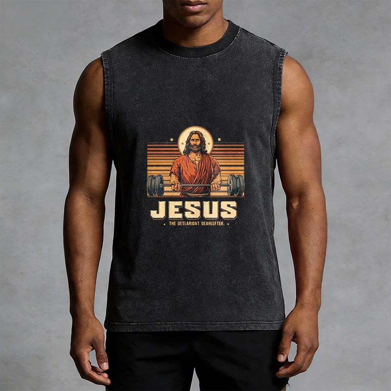 Christianartworkshop Camiseta sin mangas unisex lavada con declaración de fe de Jesus Deadlifter - image 4