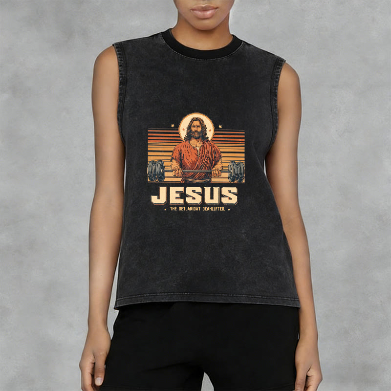 Christianartworkshop Camiseta sin mangas unisex lavada con declaración de fe de Jesus Deadlifter - image 5