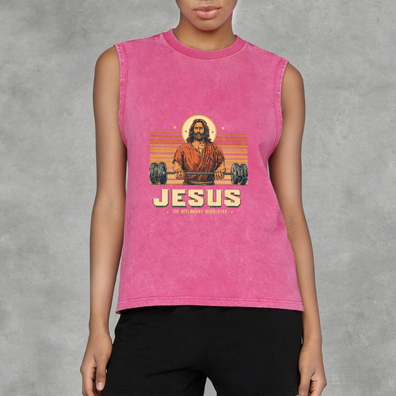 Christianartworkshop Camiseta sin mangas unisex lavada con declaración de fe de Jesus Deadlifter - image 11