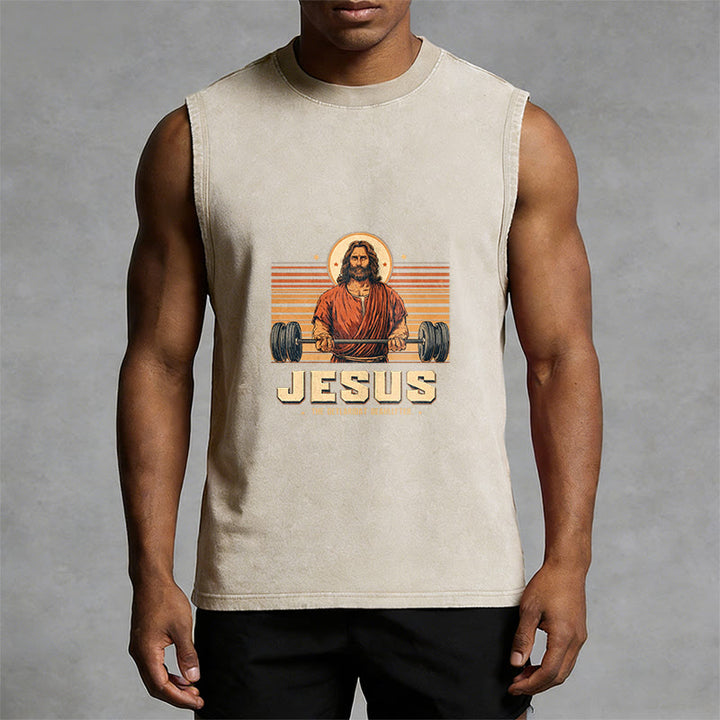 Christianartworkshop Camiseta sin mangas unisex lavada con declaración de fe de Jesus Deadlifter - image 7