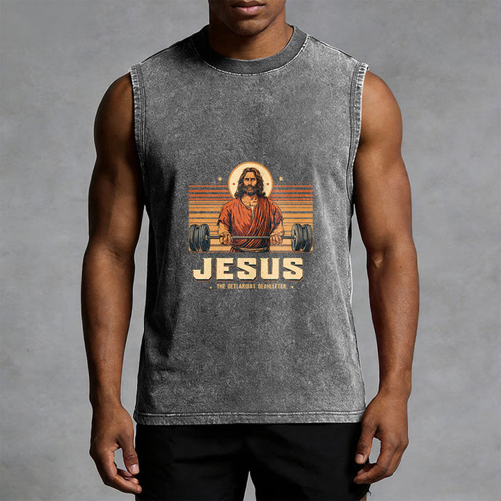 Christianartworkshop Camiseta sin mangas unisex lavada con declaración de fe de Jesus Deadlifter - image 14
