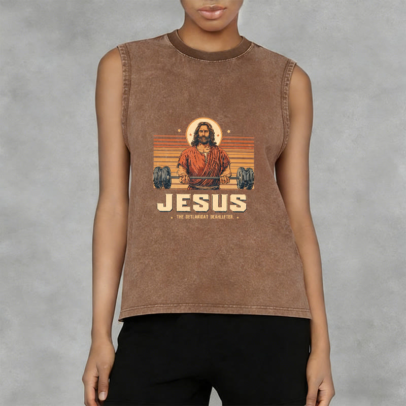 Christianartworkshop Camiseta sin mangas unisex lavada con declaración de fe de Jesus Deadlifter - image 2