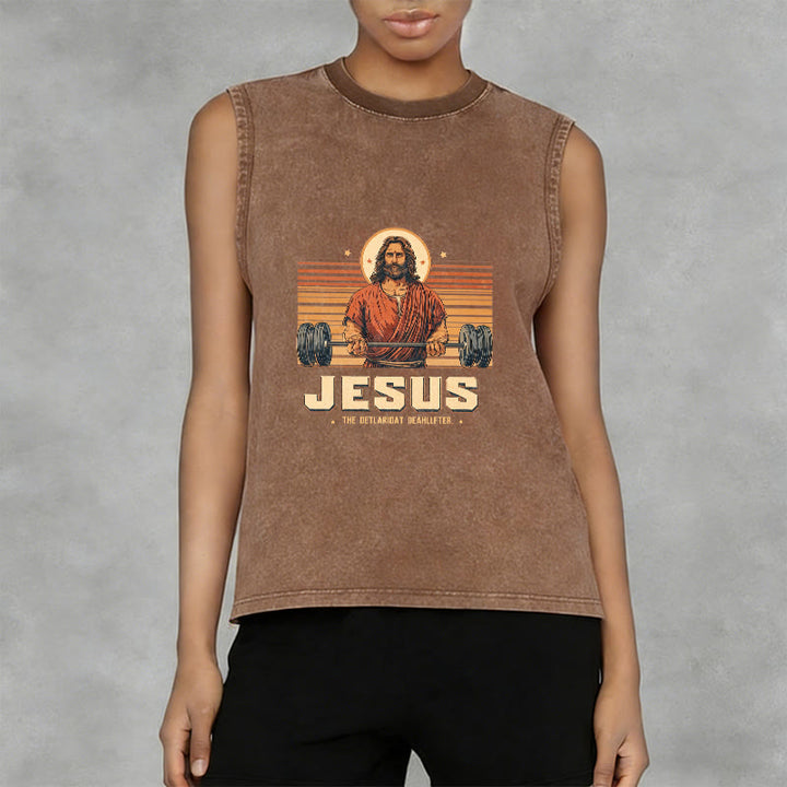 Christianartworkshop Camiseta sin mangas unisex lavada con declaración de fe de Jesus Deadlifter - image 2