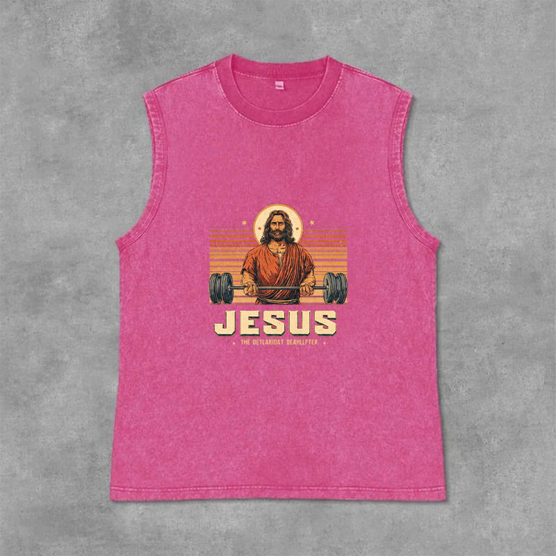 Christianartworkshop Camiseta sin mangas unisex lavada con declaración de fe de Jesus Deadlifter - Rosa - 2XL - image 9