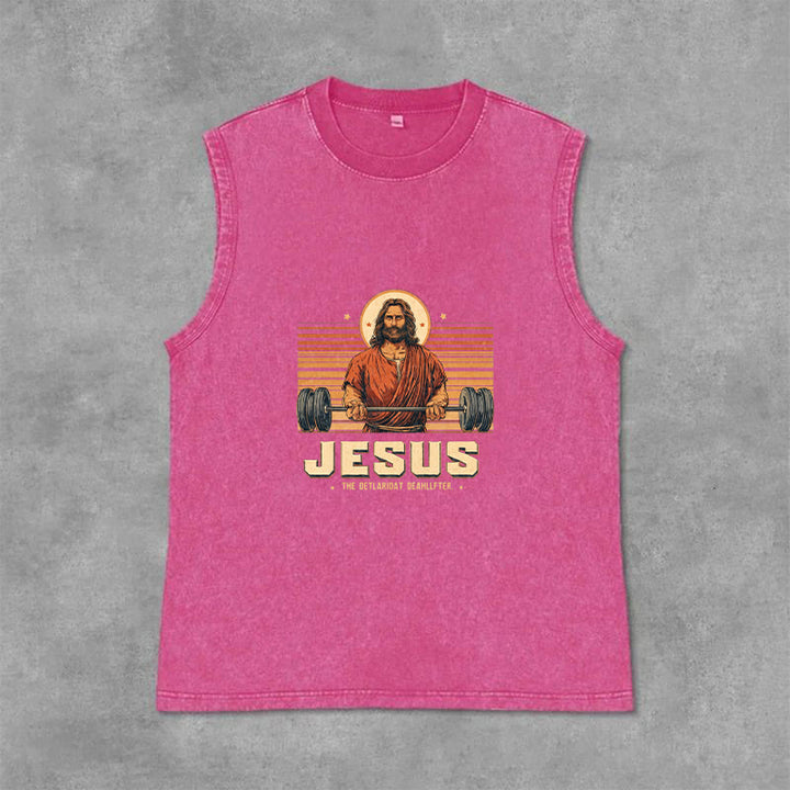 Christianartworkshop Camiseta sin mangas unisex lavada con declaración de fe de Jesus Deadlifter - Rosa - 2XL - image 9
