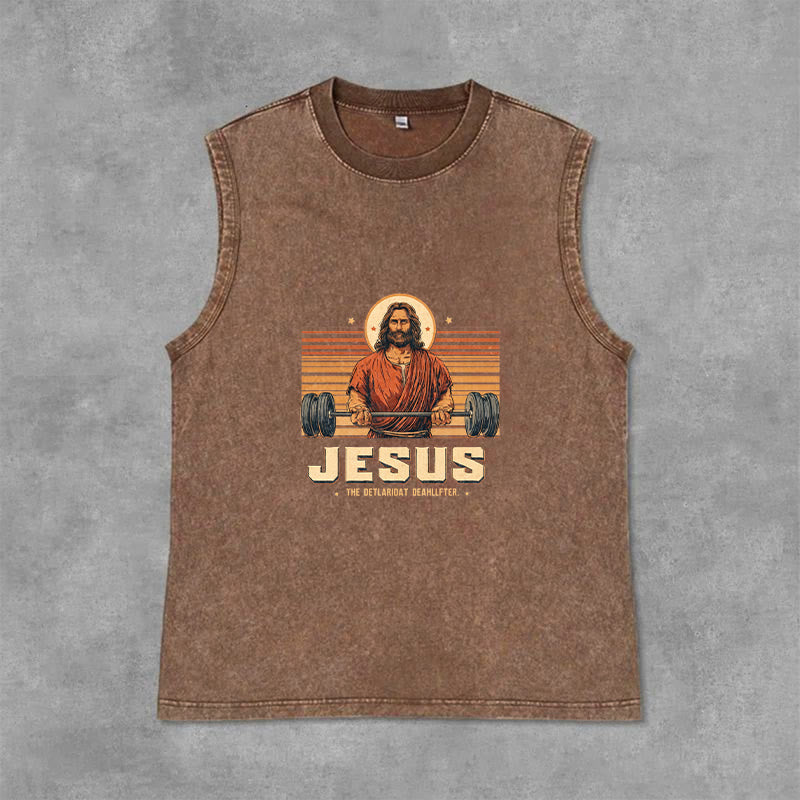 Christianartworkshop Camiseta sin mangas unisex lavada con declaración de fe de Jesus Deadlifter - Marrón - 2XL - image 0