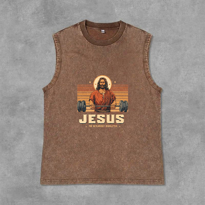 Christianartworkshop Camiseta sin mangas unisex lavada con declaración de fe de Jesus Deadlifter - Marrón - 2XL - image 0