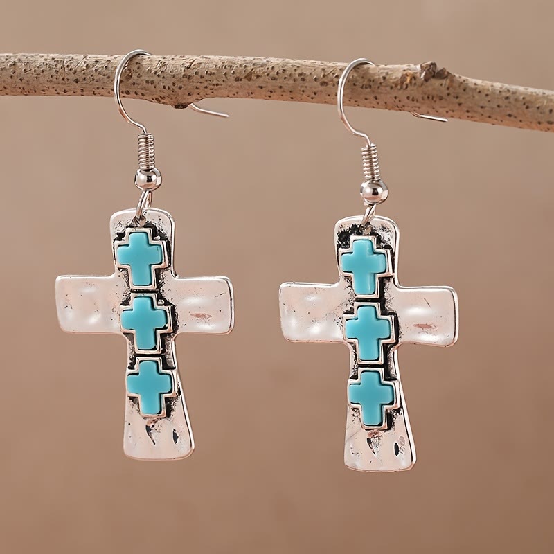 Christianartworkshop Pendientes texturizados de tres cruces con incrustaciones de piedra: símbolo de fe y protección. - Azul - image 0