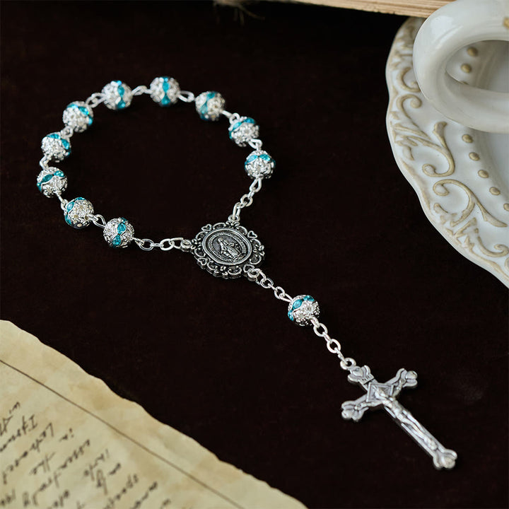 Christianartworkshop Rosario de bolsillo con cuentas brillantes y medalla de Nuestra Señora: símbolo de fe y gracia. - image 2