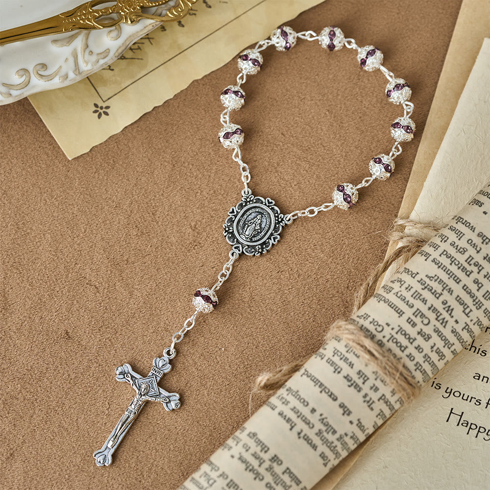 Christianartworkshop Rosario de bolsillo con cuentas brillantes y medalla de Nuestra Señora: símbolo de fe y gracia. - Púrpura - image 9