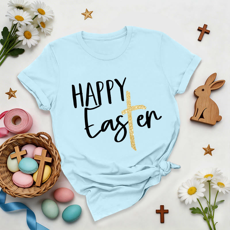 Christianartworkshop Camiseta premium con cruz brillante y mensaje de Feliz Pascua - Azul - 2XL - image 0