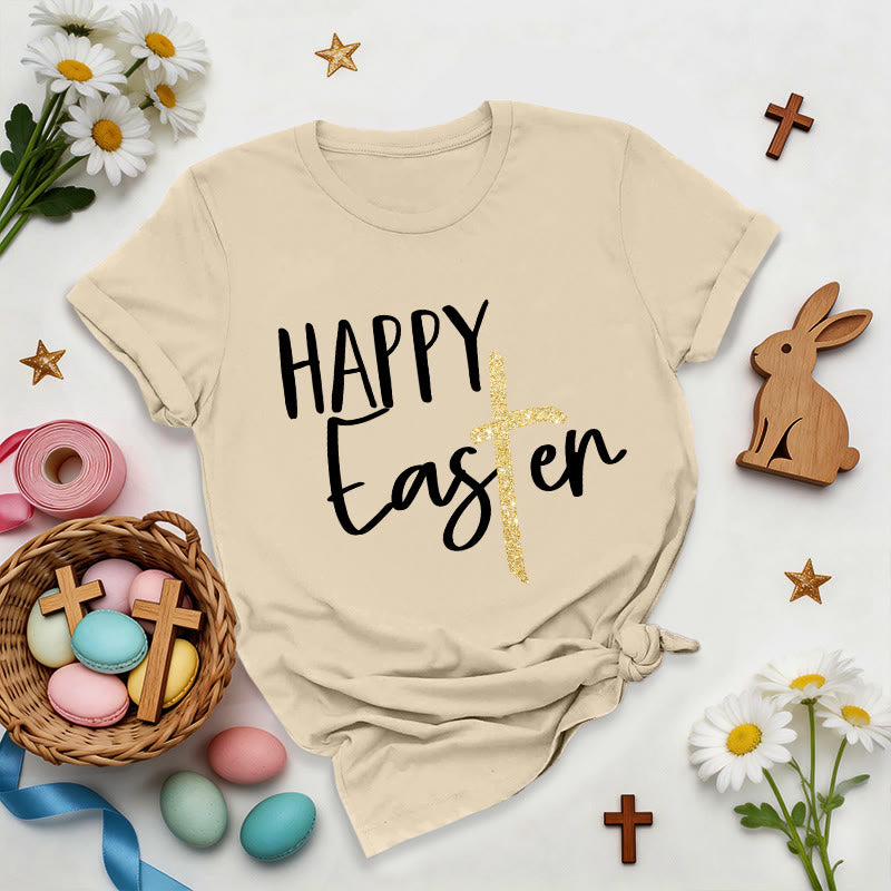 Christianartworkshop Camiseta premium con cruz brillante y mensaje de Feliz Pascua - Beige - 2XL - image 1