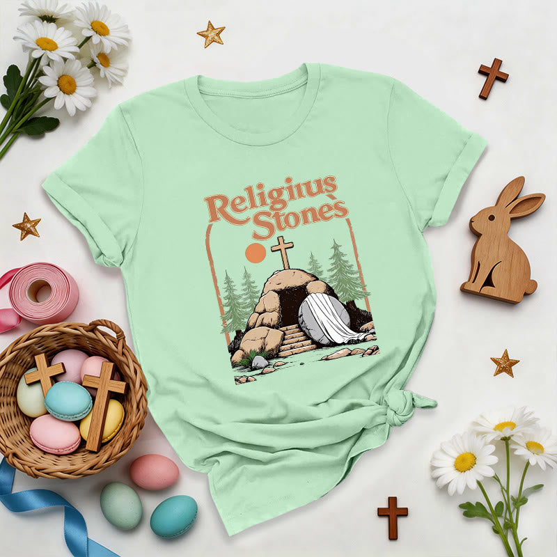 Christianartworkshop Camiseta con estampado de piedras religiosas estilo vintage - Verde claro - 2XL - image 0