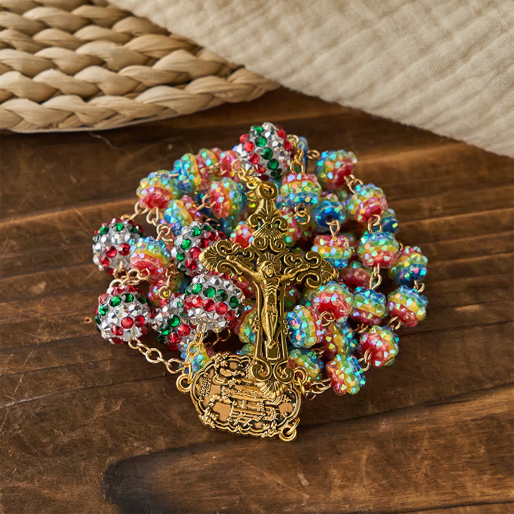 Christianartworkshop Rosario navideño de cuentas arcoíris con cruz dorada: Devoción y fe vibrante. - Rosario de cuentas arcoíris de Navidad - image 0