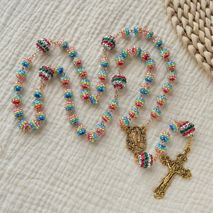 Christianartworkshop Rosario navideño de cuentas arcoíris con cruz dorada: Devoción y fe vibrante. - image 2