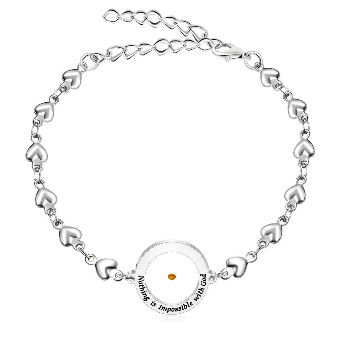 Christianartworkshop Mateo 17:20 y Lucas 1:37 con pulsera de semillas de mostaza: eslabones en forma de corazón con detalle de puntos de circonita - Plata - Lucas 1:37 - image 16