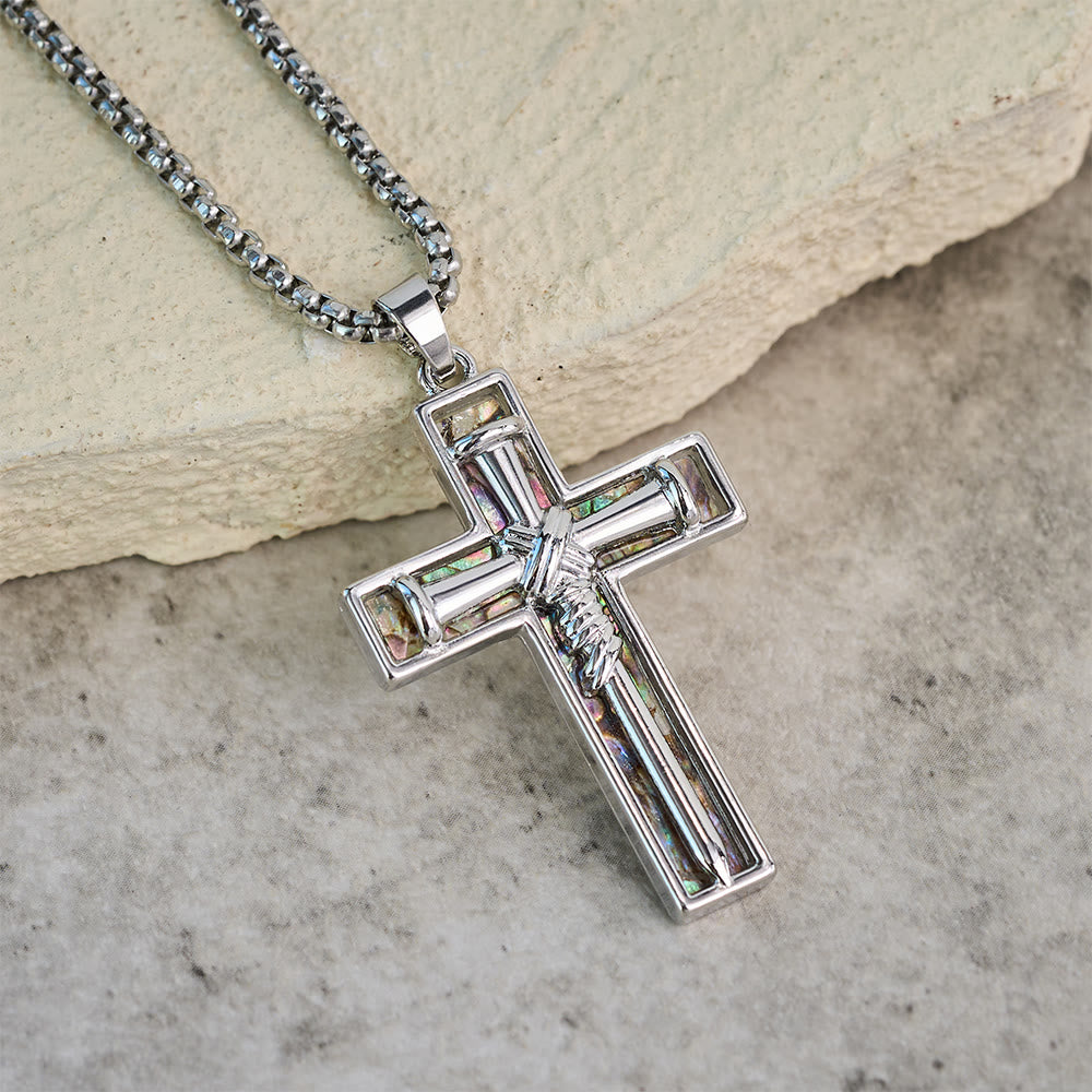 Christianartworkshop Collar con cruz de clavos con incrustaciones de concha de abulón: un símbolo del amor sacrificial de Cristo. - image 2
