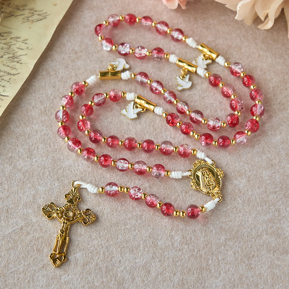 Christianartworkshop Rosario de la Virgen María con la Paloma del Espíritu Santo y Cuentas de Cristal Rojo: Encarna el Amor Sagrado y la Devoción Vibrante. - image 4