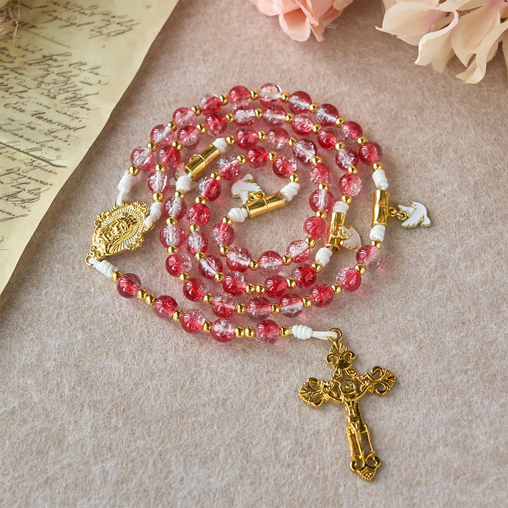 Christianartworkshop Rosario de la Virgen María con la Paloma del Espíritu Santo y Cuentas de Cristal Rojo: Encarna el Amor Sagrado y la Devoción Vibrante. - image 3