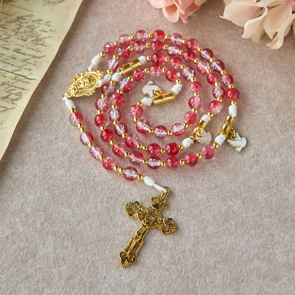 Christianartworkshop Rosario de la Virgen María con la Paloma del Espíritu Santo y Cuentas de Cristal Rojo: Encarna el Amor Sagrado y la Devoción Vibrante. - image 6