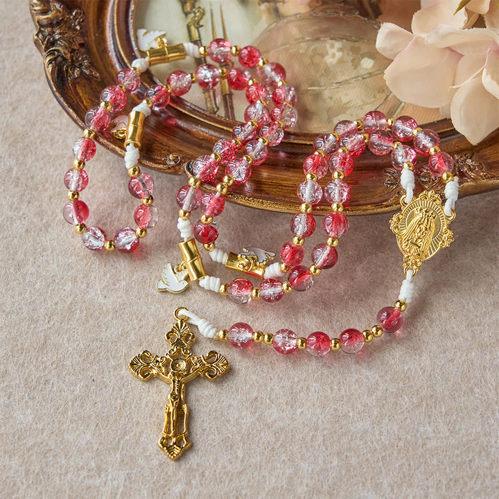 Christianartworkshop Rosario de la Virgen María con la Paloma del Espíritu Santo y Cuentas de Cristal Rojo: Encarna el Amor Sagrado y la Devoción Vibrante. - image 5