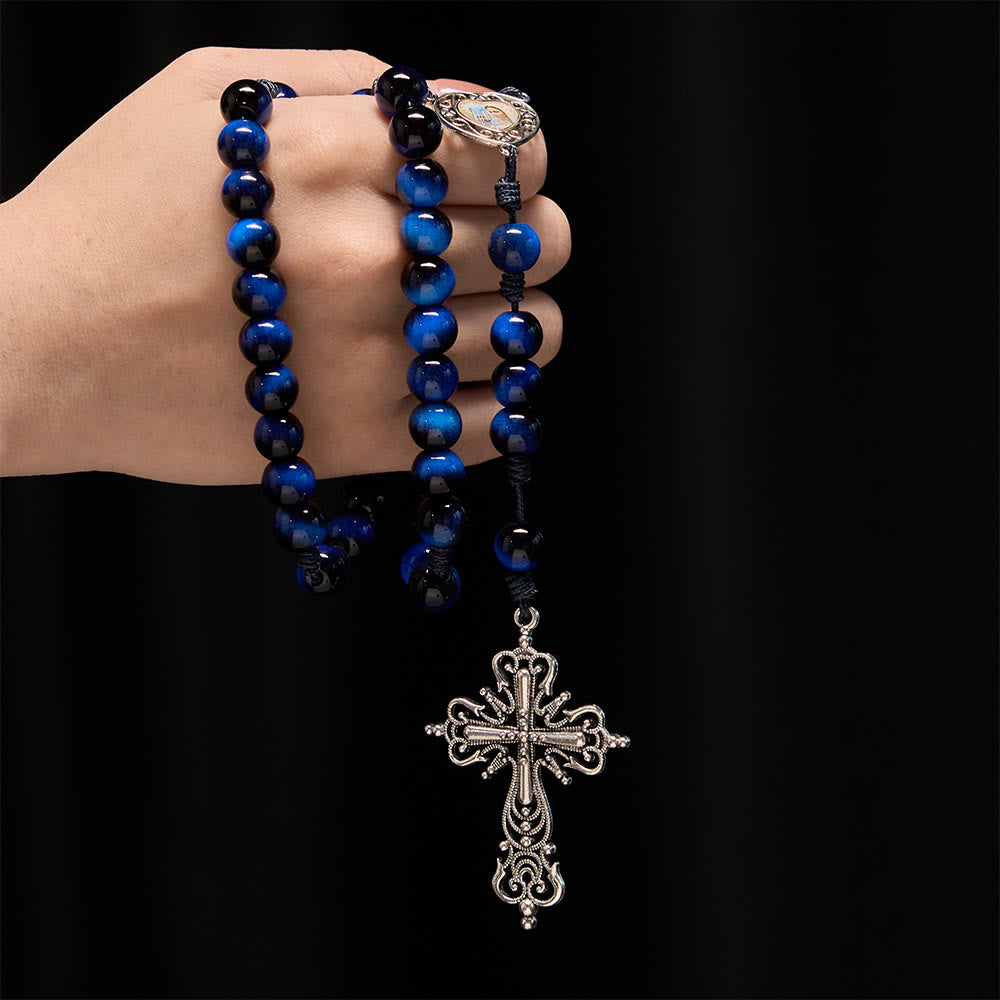 Christianartworkshop Rosario de ojo de tigre azul con crucifijo plateado: un símbolo de la fuerza inquebrantable de Dios. - image 1