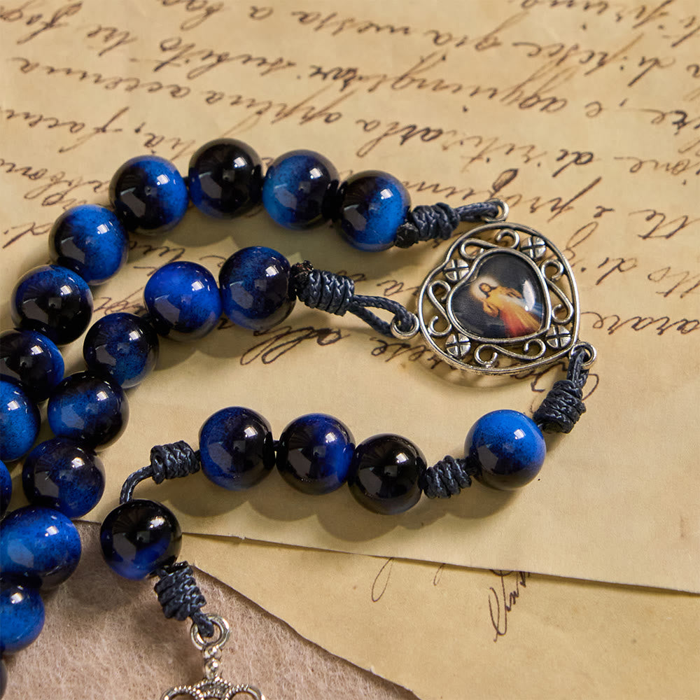 Christianartworkshop Rosario de ojo de tigre azul con crucifijo plateado: un símbolo de la fuerza inquebrantable de Dios. - image 6