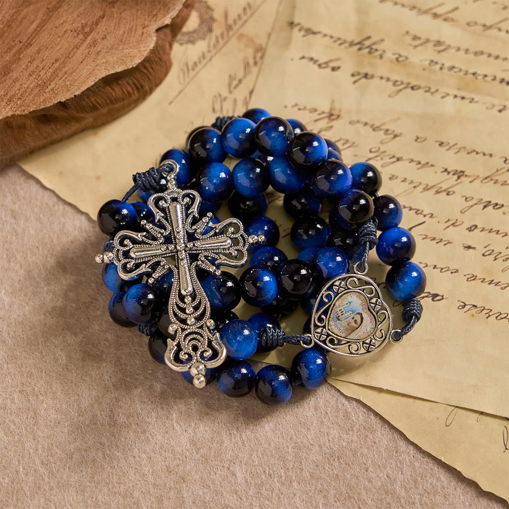 Christianartworkshop Rosario de ojo de tigre azul con crucifijo plateado: un símbolo de la fuerza inquebrantable de Dios. - image 5