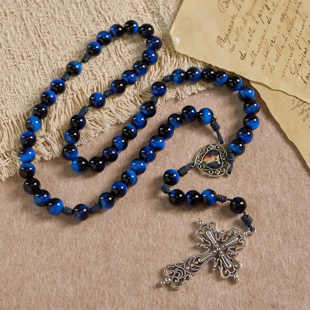 Christianartworkshop Rosario de ojo de tigre azul con crucifijo plateado: un símbolo de la fuerza inquebrantable de Dios. - Rosario de ojo de tigre azul - image 0
