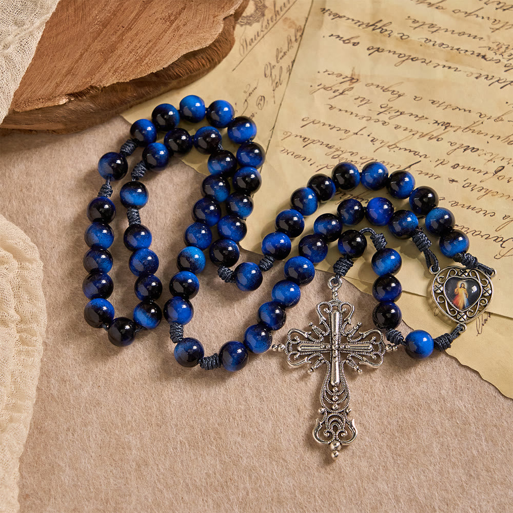 Christianartworkshop Rosario de ojo de tigre azul con crucifijo plateado: un símbolo de la fuerza inquebrantable de Dios. - image 4