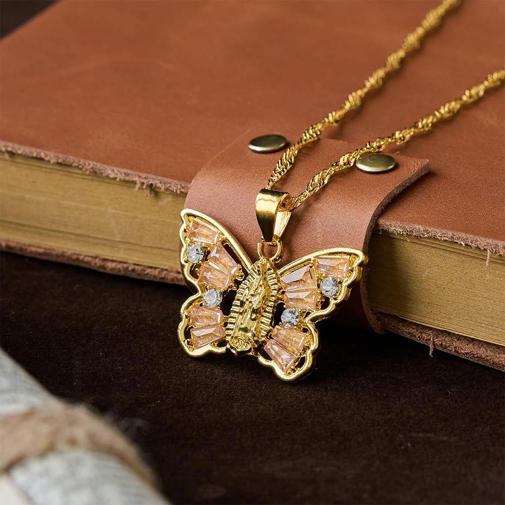 Christianartworkshop Collar Mariposa Renacimiento Espiritual: Centro de Nuestra Señora y Ala de Cristal Cadena de cuerda trenzada - Rosa - image 1