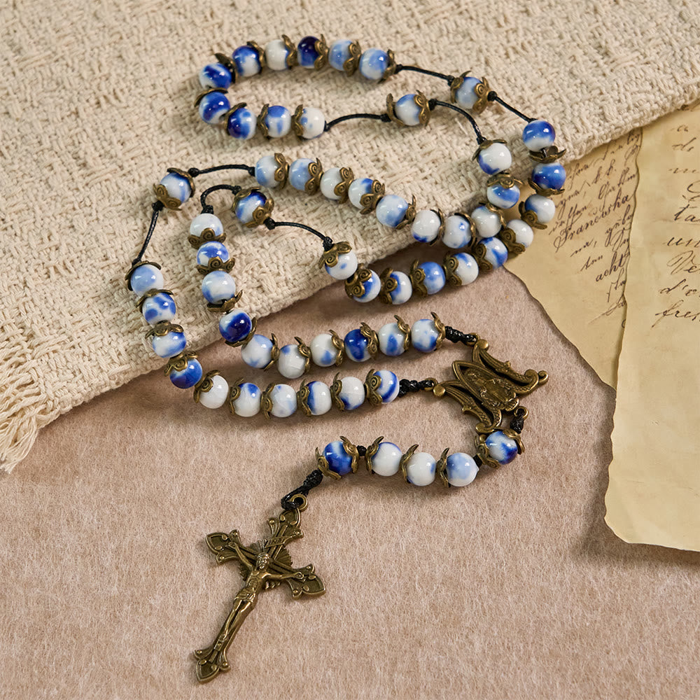 Christianartworkshop Rosario de cuentas azules y blancas con medalla milagrosa: un símbolo de la intercesión celestial. - Medalla Milagrosa y Crucifijo - image 0