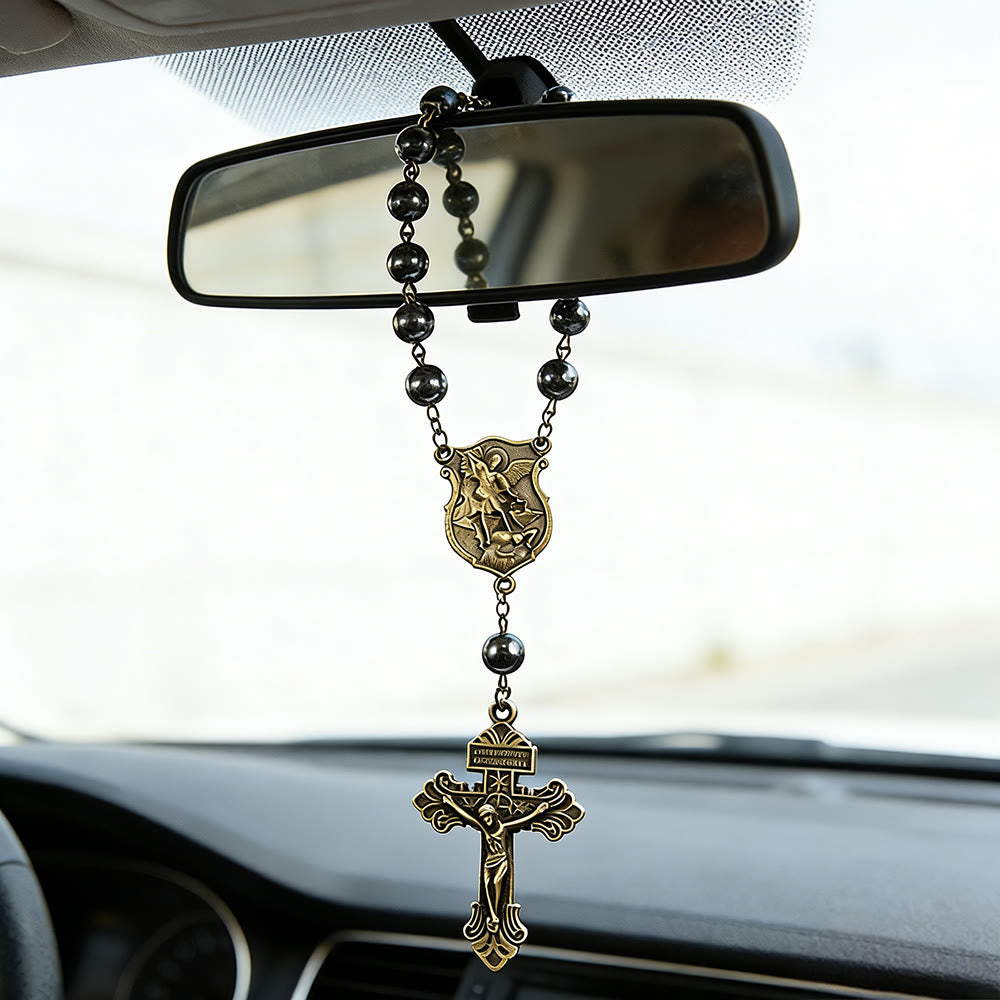 Christianartworkshop Colgante para coche con cuentas de hematita, medalla de San Miguel y crucifijo: un regalo de protección y fuerza celestiales. - image 0