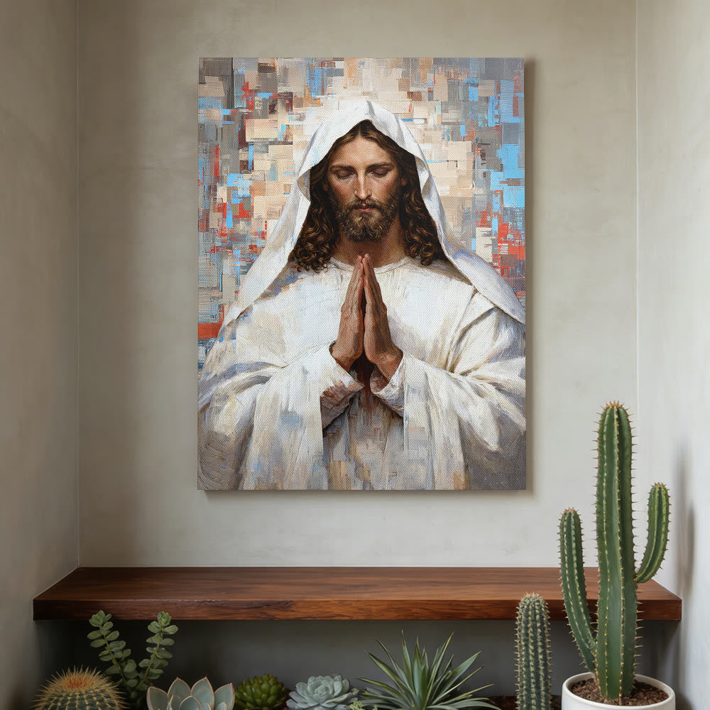 Christianartworkshop Cuadro mural de Jesús en oración divina: Retrato de Cristo sereno en oración. - image 1