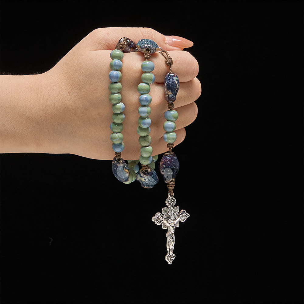 Christianartworkshop Rosario de cerámica con separador de peces orquídea, detalles del Sagrado Corazón y crucifijo ornamentado. - image 1