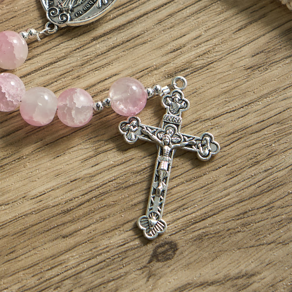 Christianartworkshop Rosario de cuentas de vidrio rosa con adornos de rosas y medalla milagrosa - image 7
