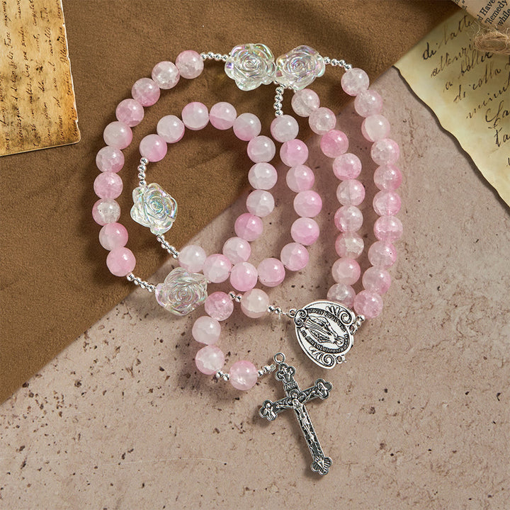 Christianartworkshop Rosario de cuentas de vidrio rosa con adornos de rosas y medalla milagrosa - image 3
