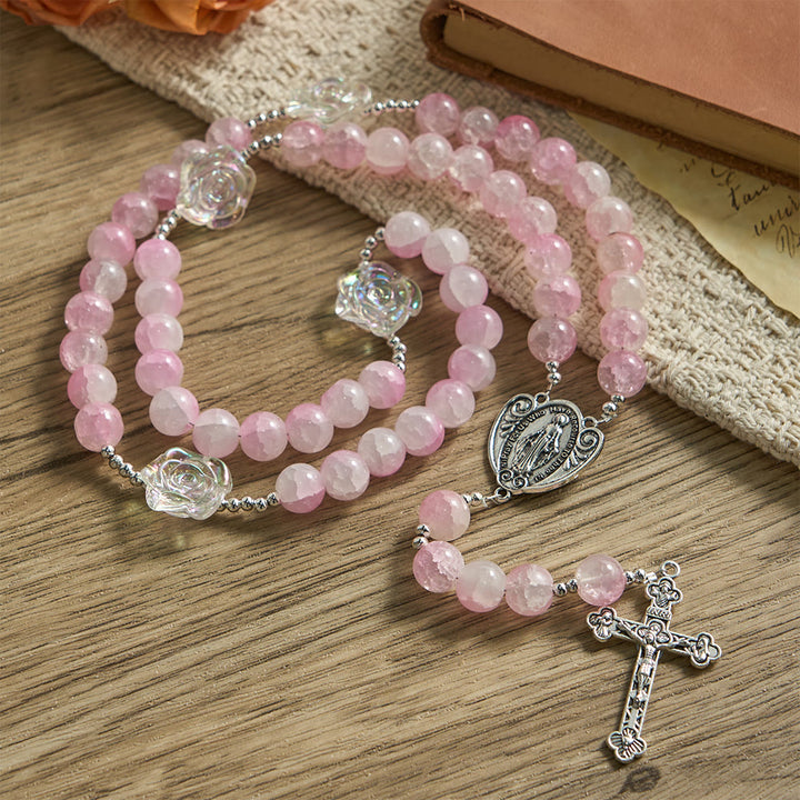 Christianartworkshop Rosario de cuentas de vidrio rosa con adornos de rosas y medalla milagrosa - Rosa - image 0