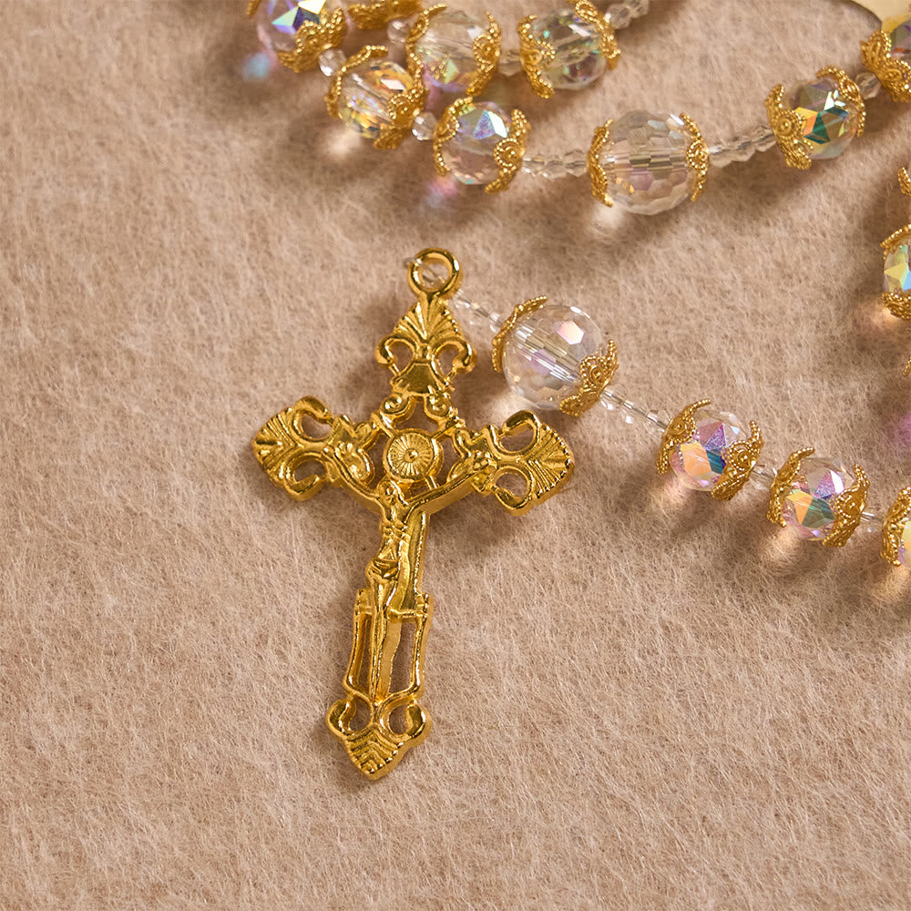 Christianartworkshop Rosario de cristal facetado iridiscente con medalla de Nuestra Señora y crucifijo dorado. - image 5