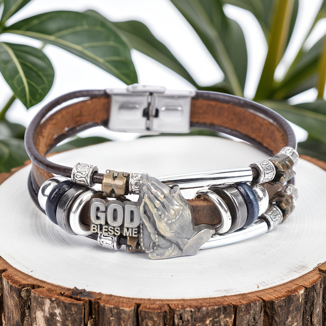 Christianartworkshop Pulsera de cuero con manos en oración y detalles metálicos que dice "Dios me bendiga". - Marrón - image 0