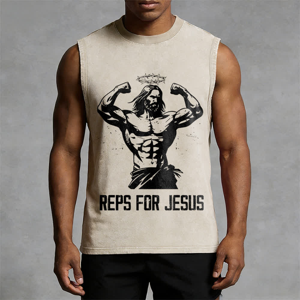 Christianartworkshop Camiseta sin mangas unisex lavada con estampado de Jesús musculoso y corona de espinas. - image 1