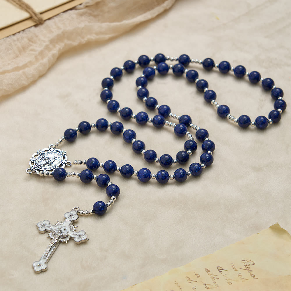 Christianartworkshop Rosario de cuentas de lapislázuli con crucifijo grabado: emblema de la sabiduría divina y la gracia mariana. - image 3
