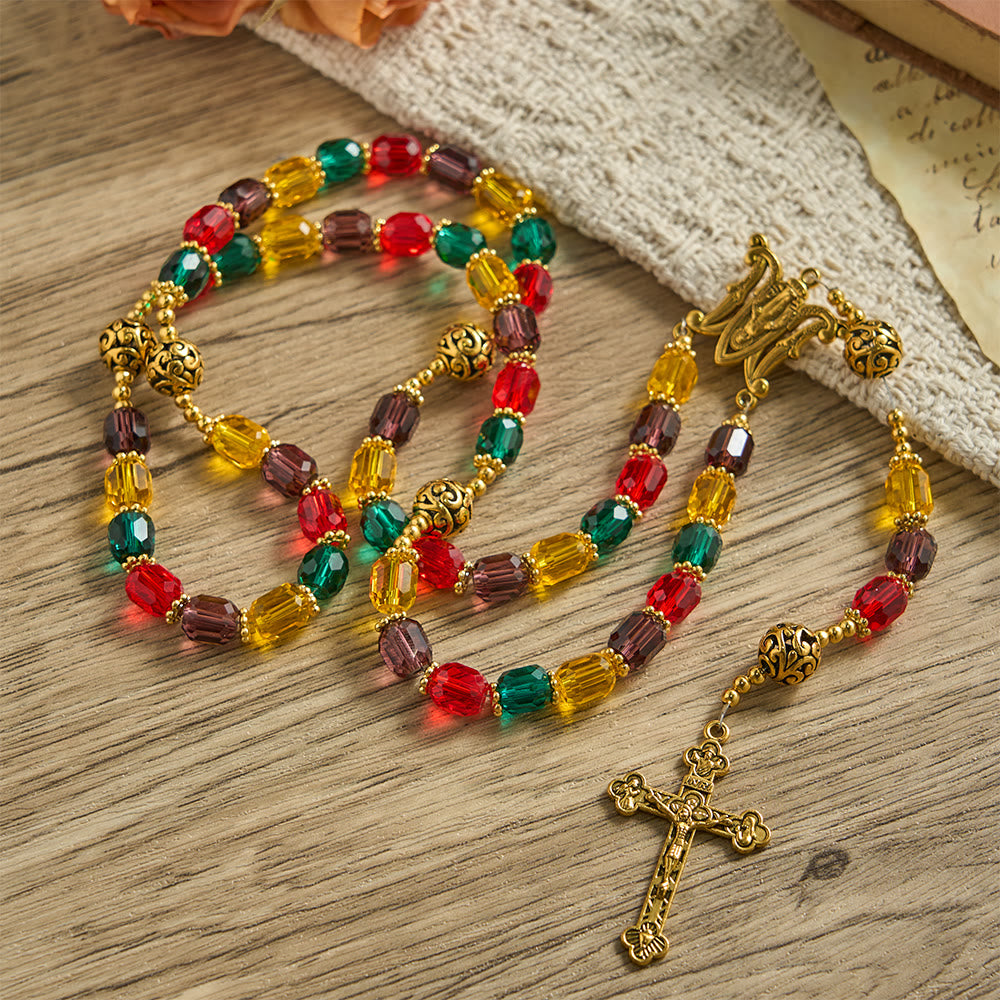 Christianartworkshop Rosario cilíndrico multicolor de cuentas de cristal: emblema de la alegría y la diversidad divinas. - Nuestra Señora y el Crucifijo - image 0