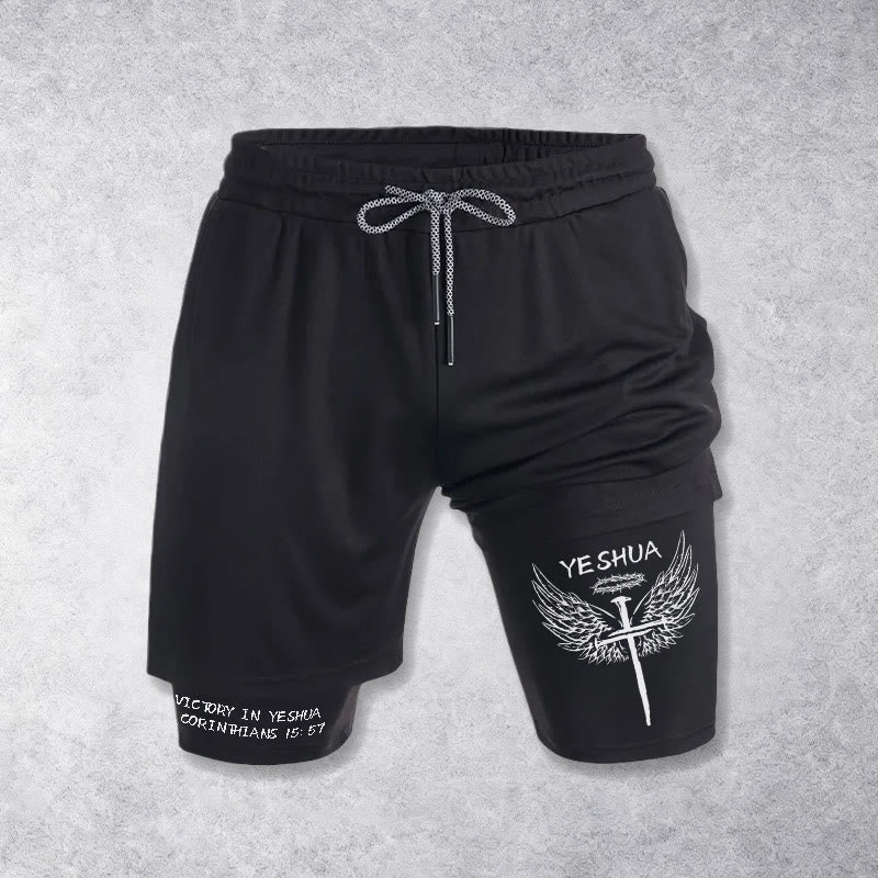 Christianartworkshop 1 Corintios 15:57 Victoria en Yeshua Pantalones cortos de rendimiento con cruz alada - Negro - 3XL - image 9