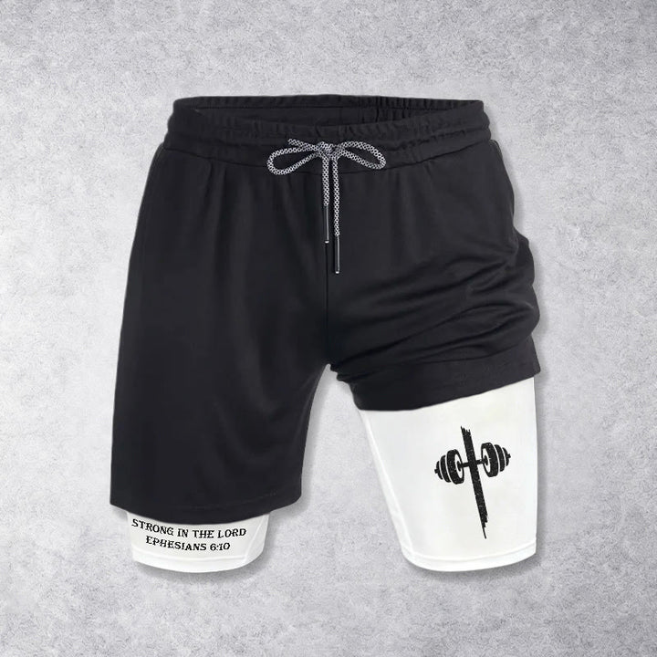 Christianartworkshop Efesios 6:10 Fuertes en el Señor Pantalones cortos de rendimiento con barra y cruz - Blanco - 3XL - image 0