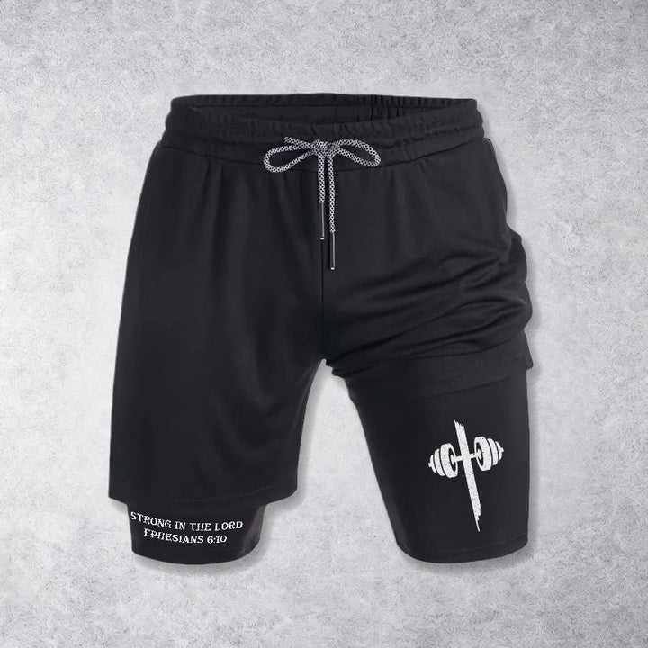 Christianartworkshop Efesios 6:10 Fuertes en el Señor Pantalones cortos de rendimiento con barra y cruz - Negro - 3XL - image 9