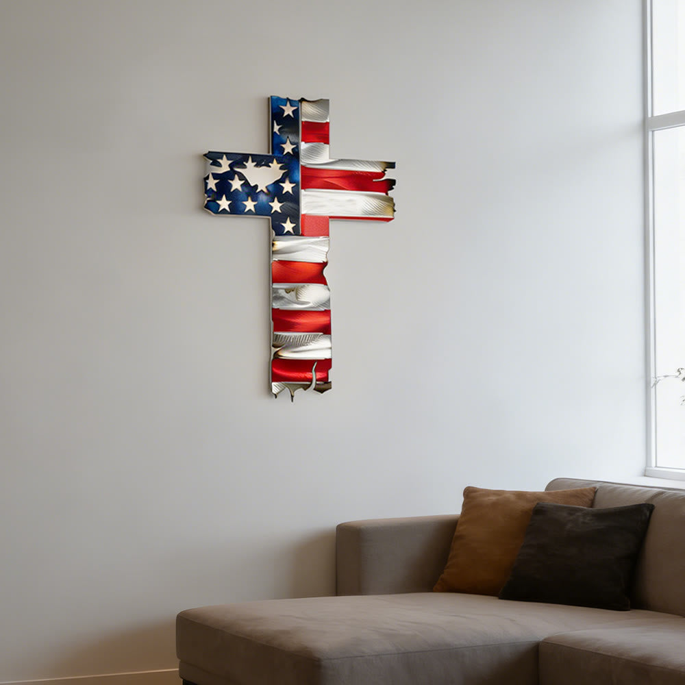 Christianartworkshop Decoración de pared de metal con cruz patriótica y bandera estadounidense rústica: un símbolo de fe intrépida. - image 1