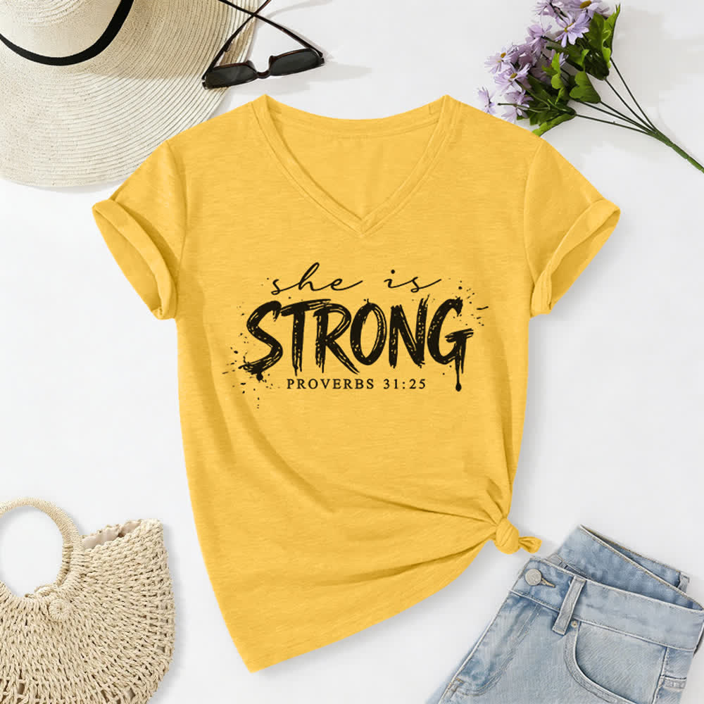 Christianartworkshop Ella es fuerte Proverbios 31:25 Camiseta informal con cuello en V - Amarillo - 2XL - image 6
